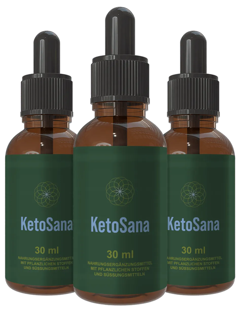 Drei KetoSana Tropfenflaschen nebeneinander, je 30 ml